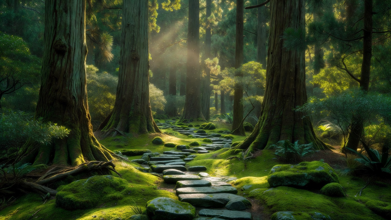 古い杉並木に囲まれた登山道