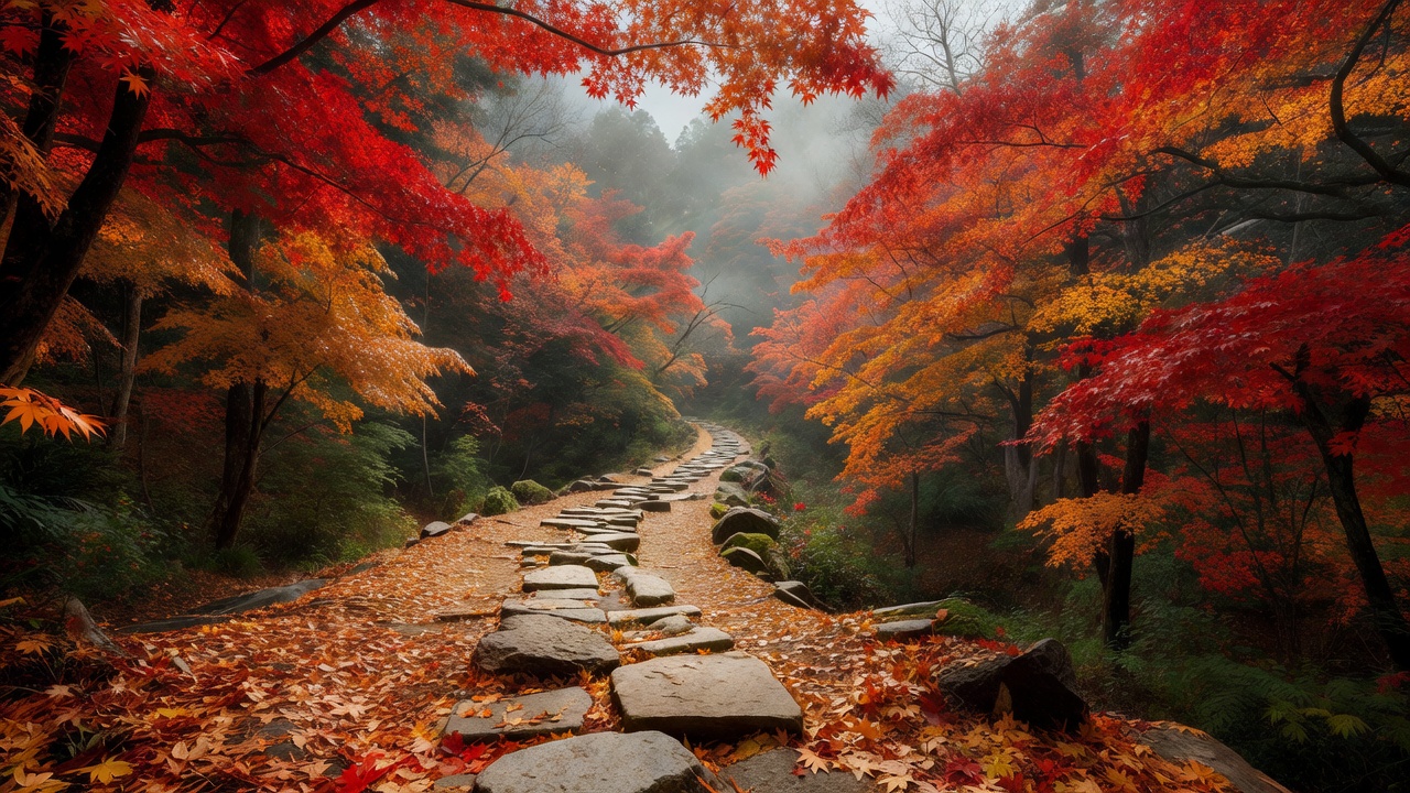 紅葉に彩られた秋の登山道