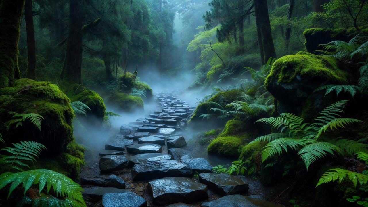 雨に濡れるシダと苔の登山道