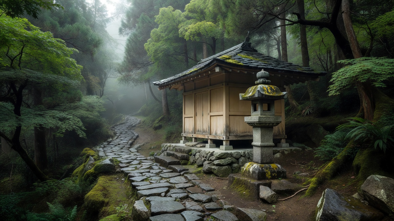山中の祠とスレートの登山道