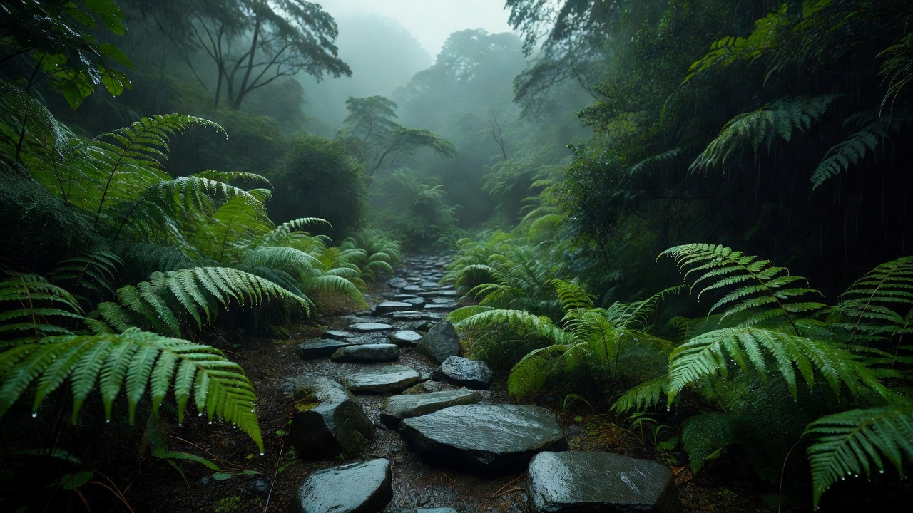 梅雨に濡れるシダの生い茂る登山道