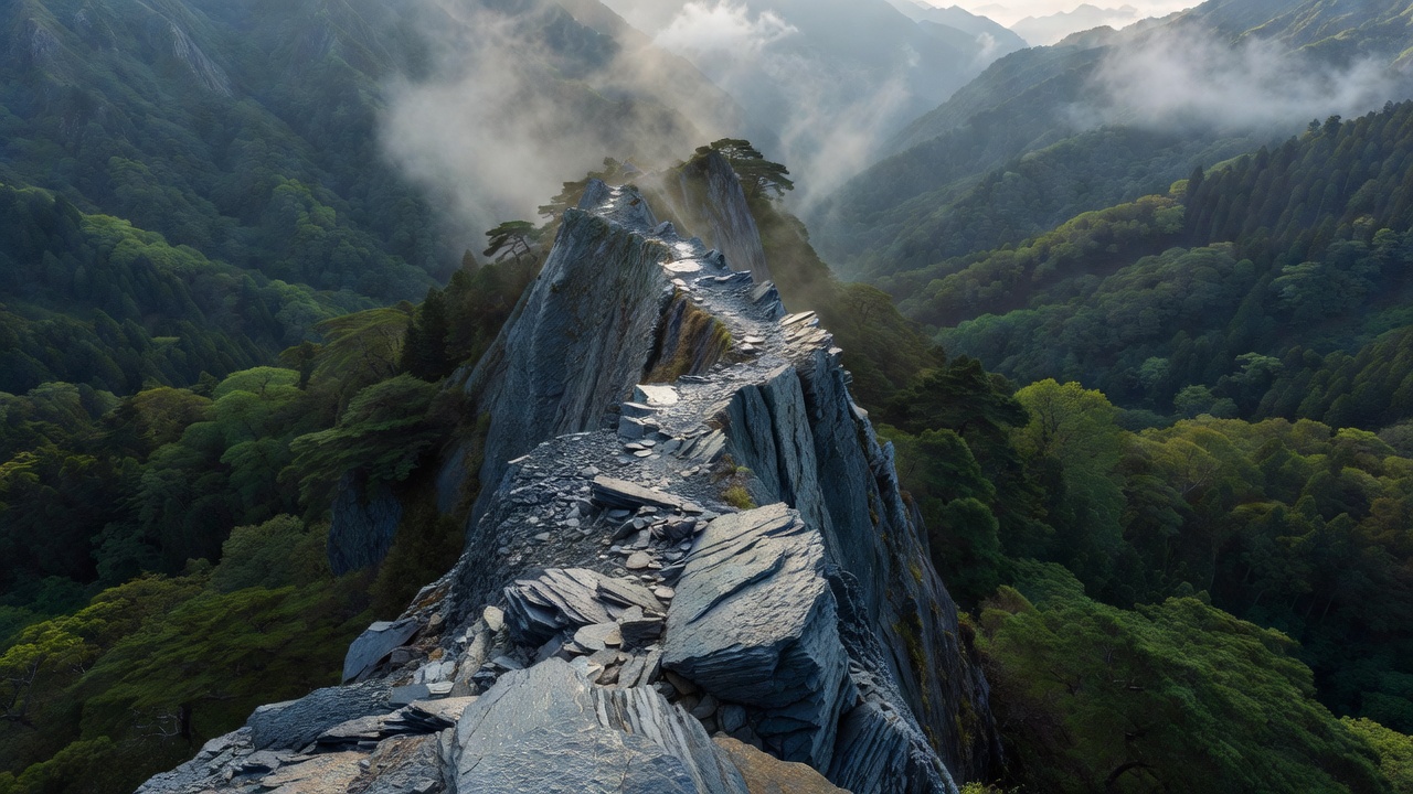 スレートの尾根を歩く登山道